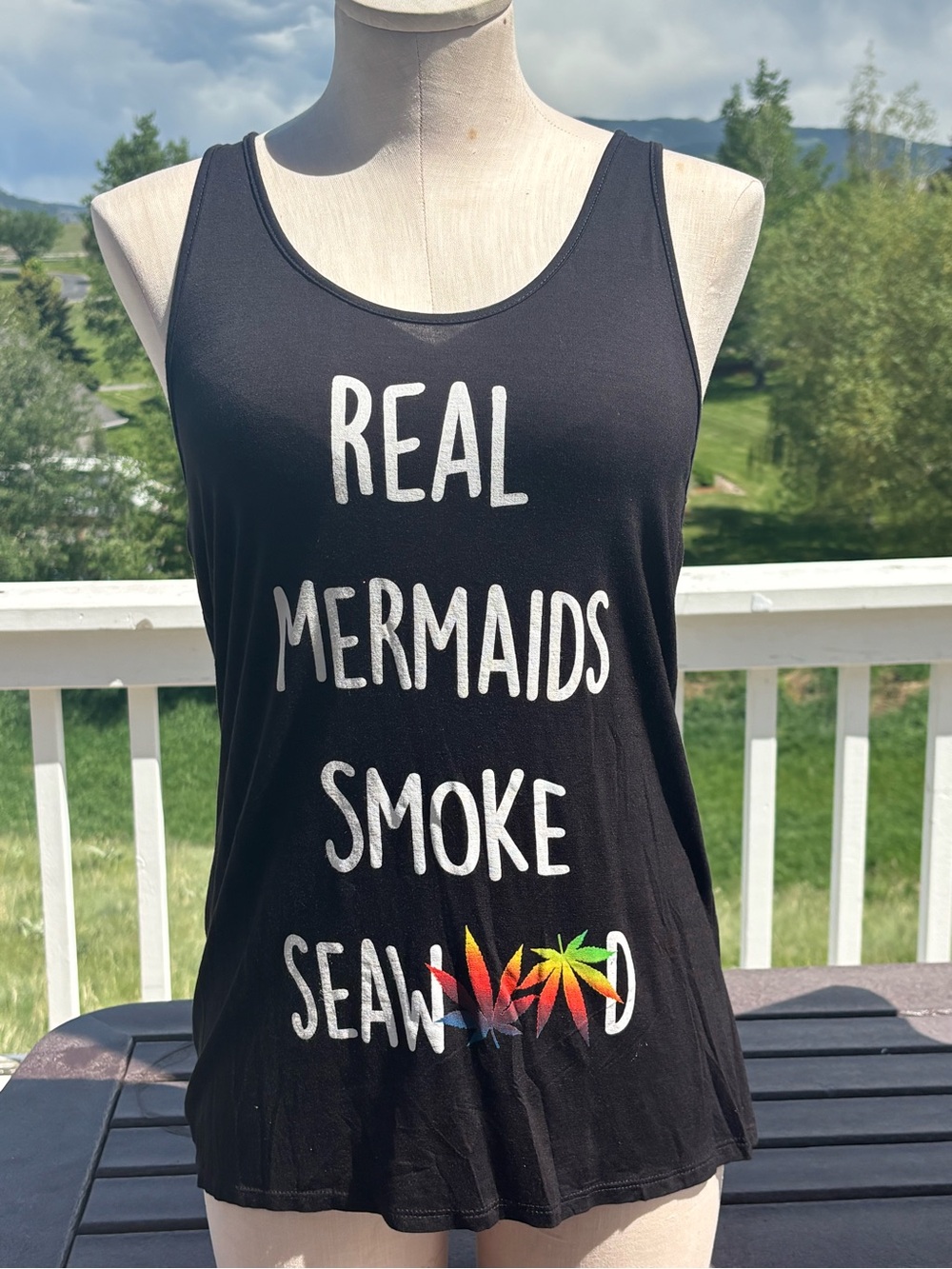 Bear Dance Black Tank Top with White Text and Multicolor Leaf Graphic